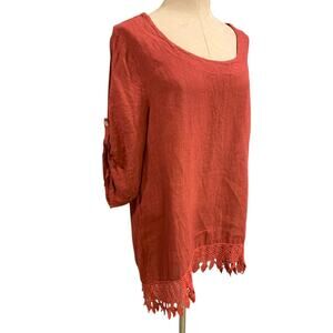 1X Lungo L'arno Womens Crochet Trim Tunic Scoop Neck Roll Tab Sleeve Linen